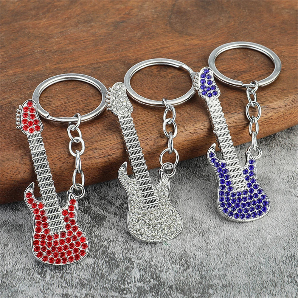 Creative Mini Musical Instruments Guitar Keychain Multi-Color Rhinestone Car Handbag Phone Case Pendent Gift