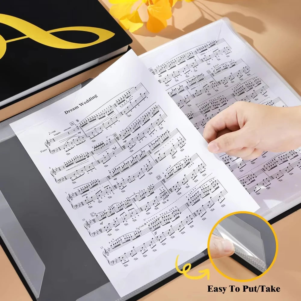 Sheet Music Folder, 40/60 Pages, Sheet Music/Holder, Fits Letter Size A4, Writable & Detachable, Waterproof Sheet Music Organizer for Musicians Students (Black)