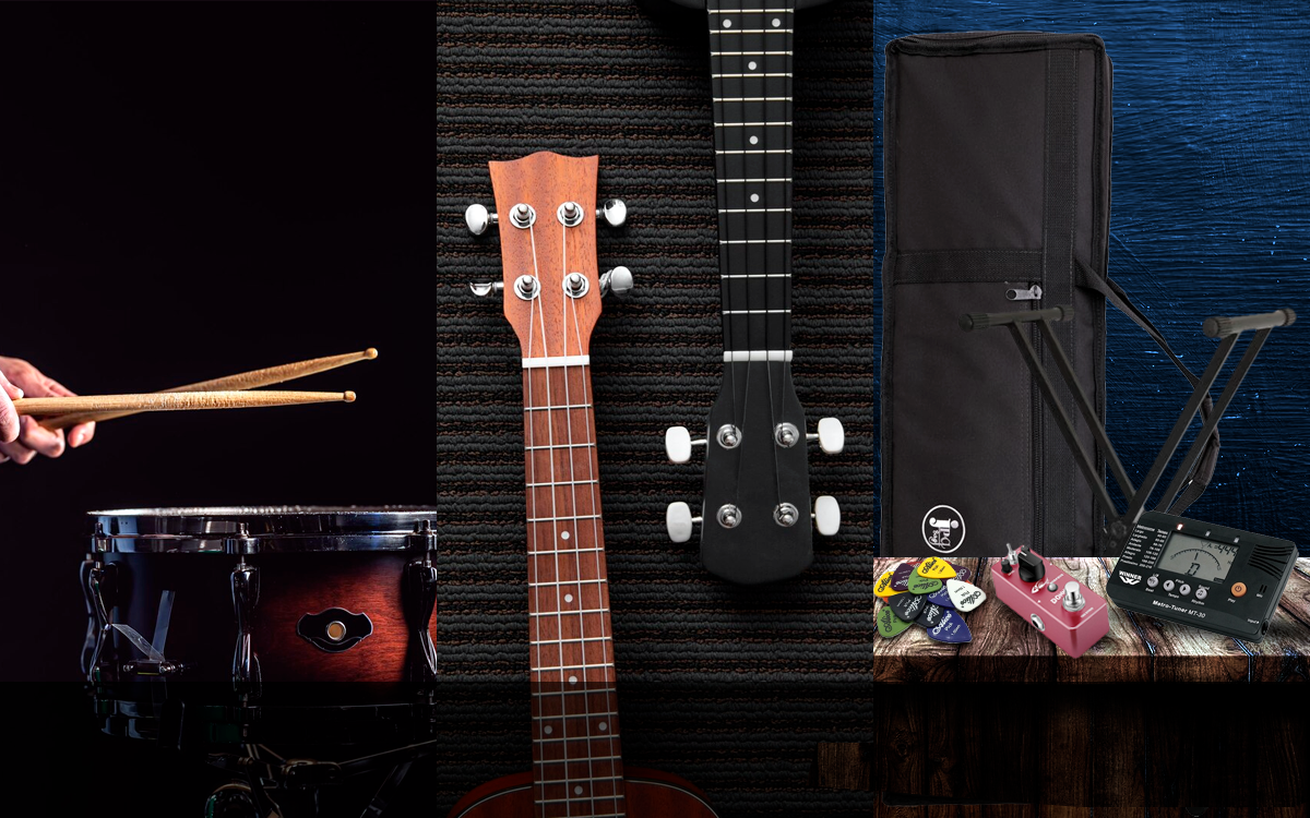 picture os a lots of instruments like a drum guitar eletric guitar keyboard foot pedal guitar picks bag