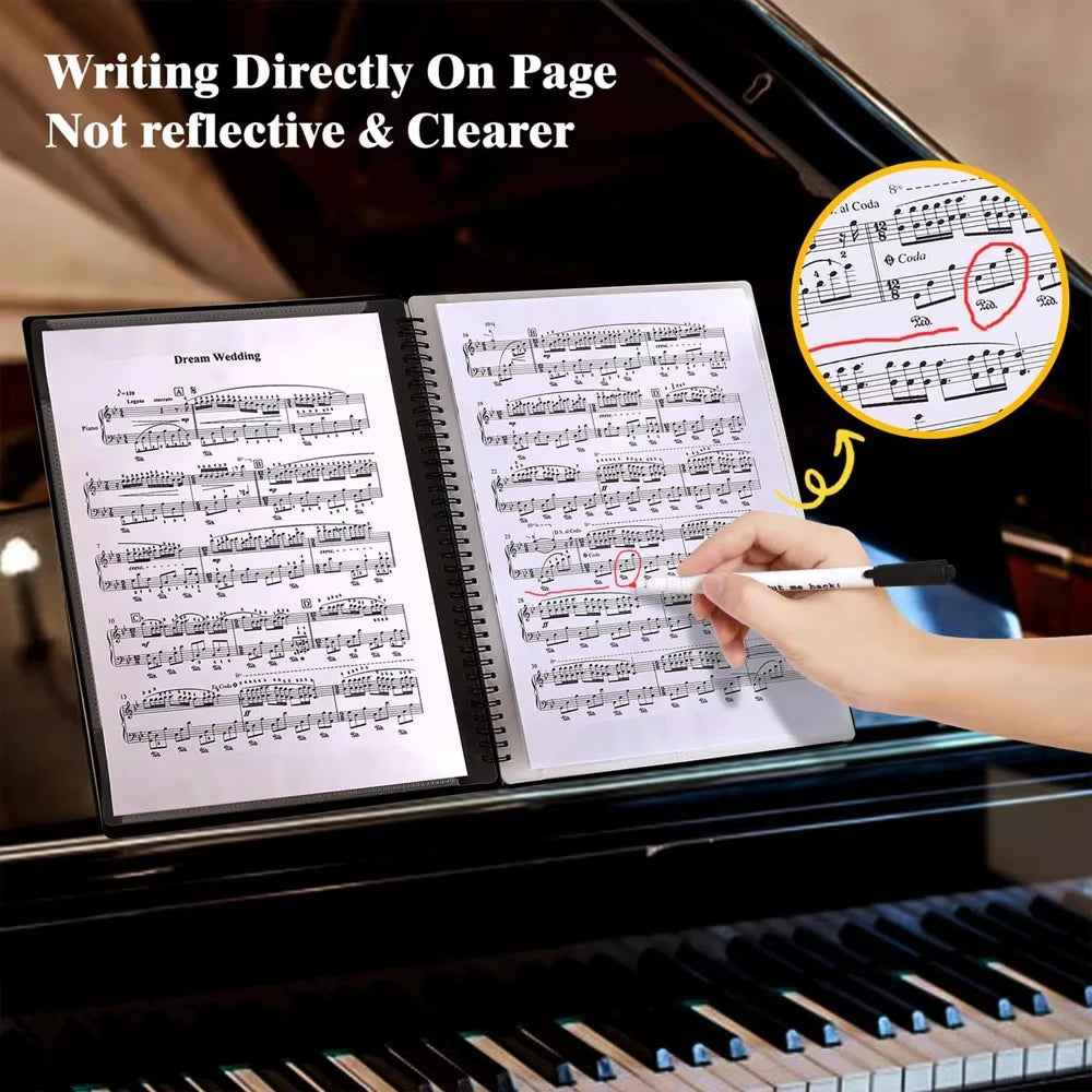 Sheet Music Folder, 40/60 Pages, Sheet Music/Holder, Fits Letter Size A4, Writable & Detachable, Waterproof Sheet Music Organizer for Musicians Students (Black)