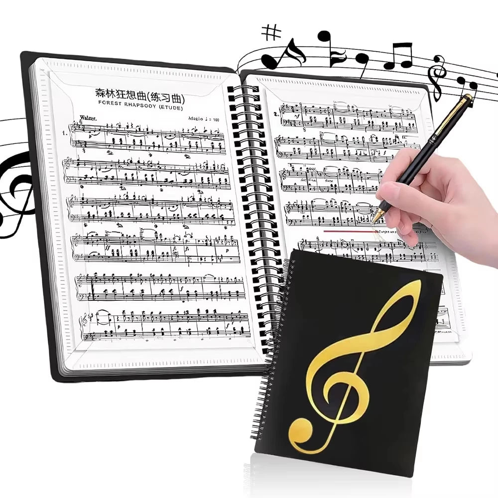Sheet Music Folder, 40/60 Pages, Sheet Music/Holder, Fits Letter Size A4, Writable & Detachable, Waterproof Sheet Music Organizer for Musicians Students (Black)