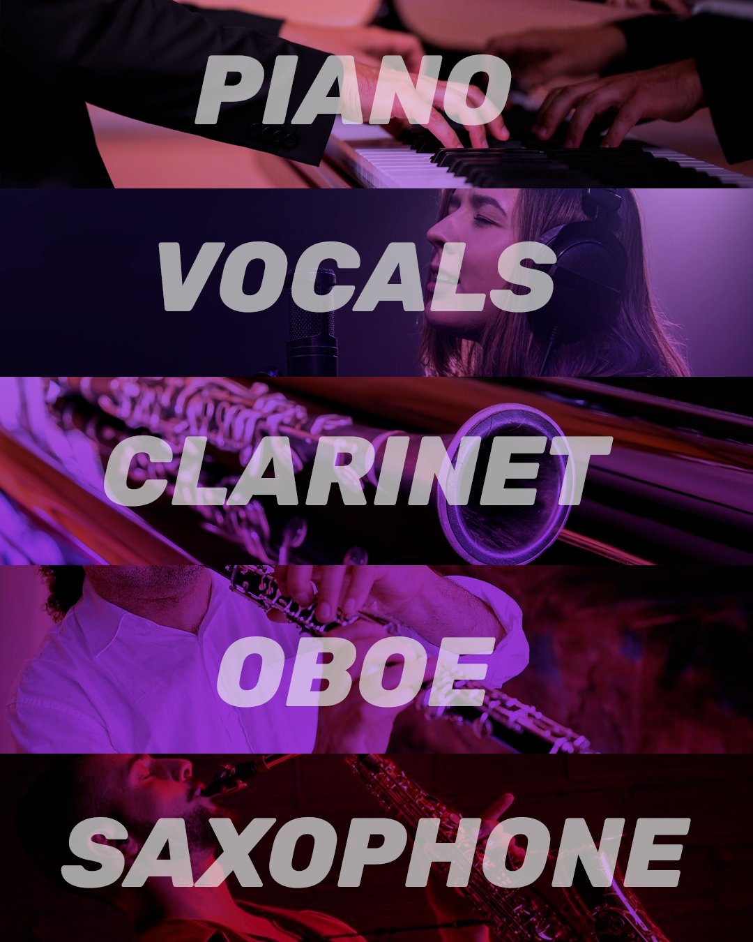 banner of the lessons instruments piano vocals clarinet oboe saxophone 
